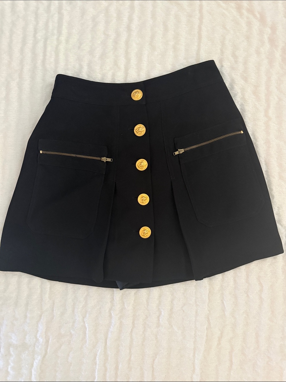 1990s Vintage Cache Black Mini Skort with Gold Button Front